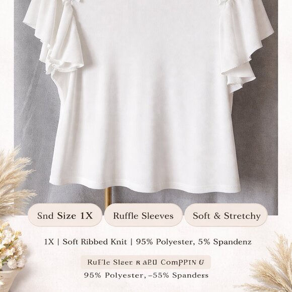 Kiss & Fly White Ruffle Sleeve Ribbed Top Size 1X Flutter Sleeve Blouse - Picture 2 of 8